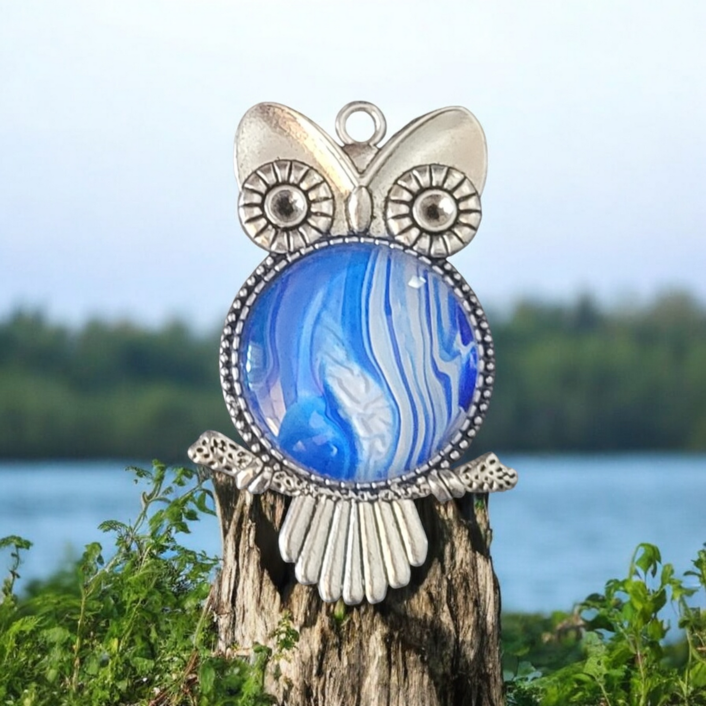 Fluid Art Jewelry - Blue Owl 1 Pendant - Each piece is Unique