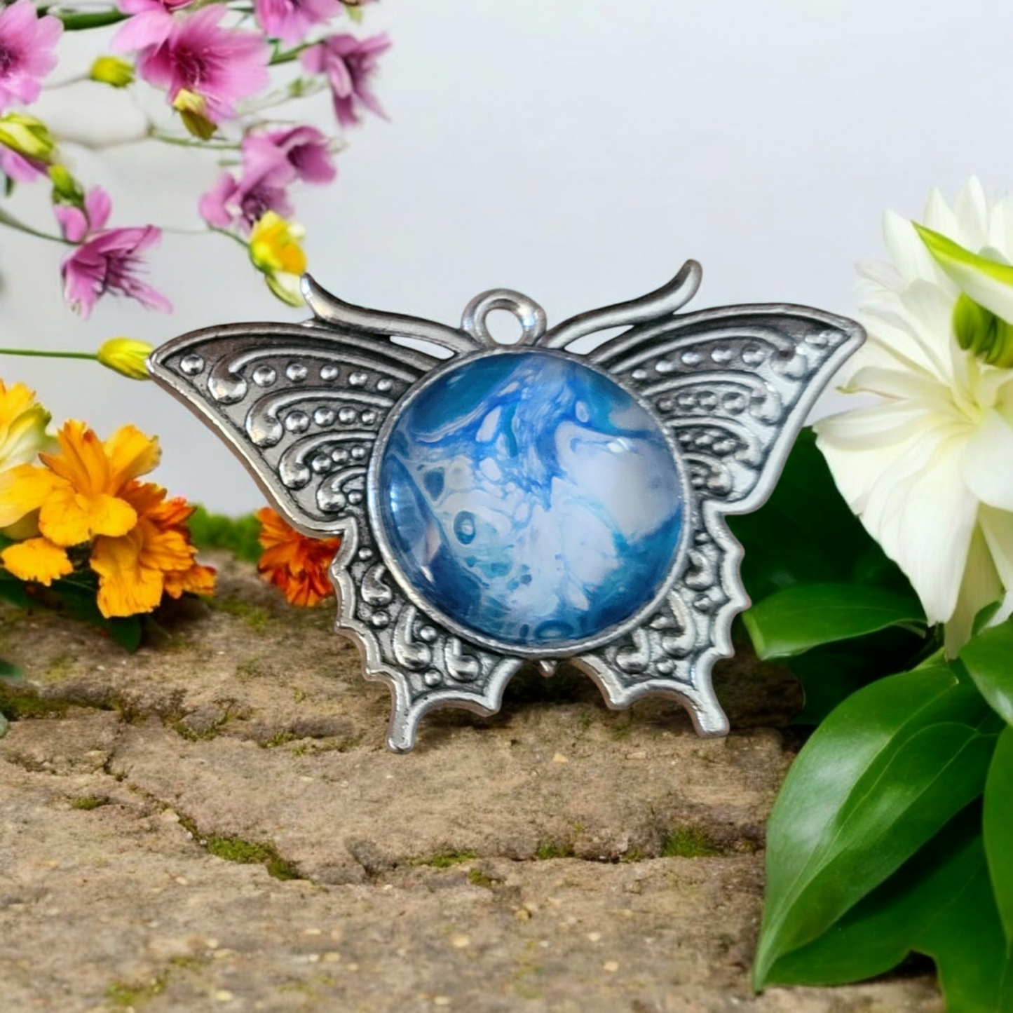 Fluid Art Jewelry - Blue Butterfly 1 Pendant - Each piece is Unique