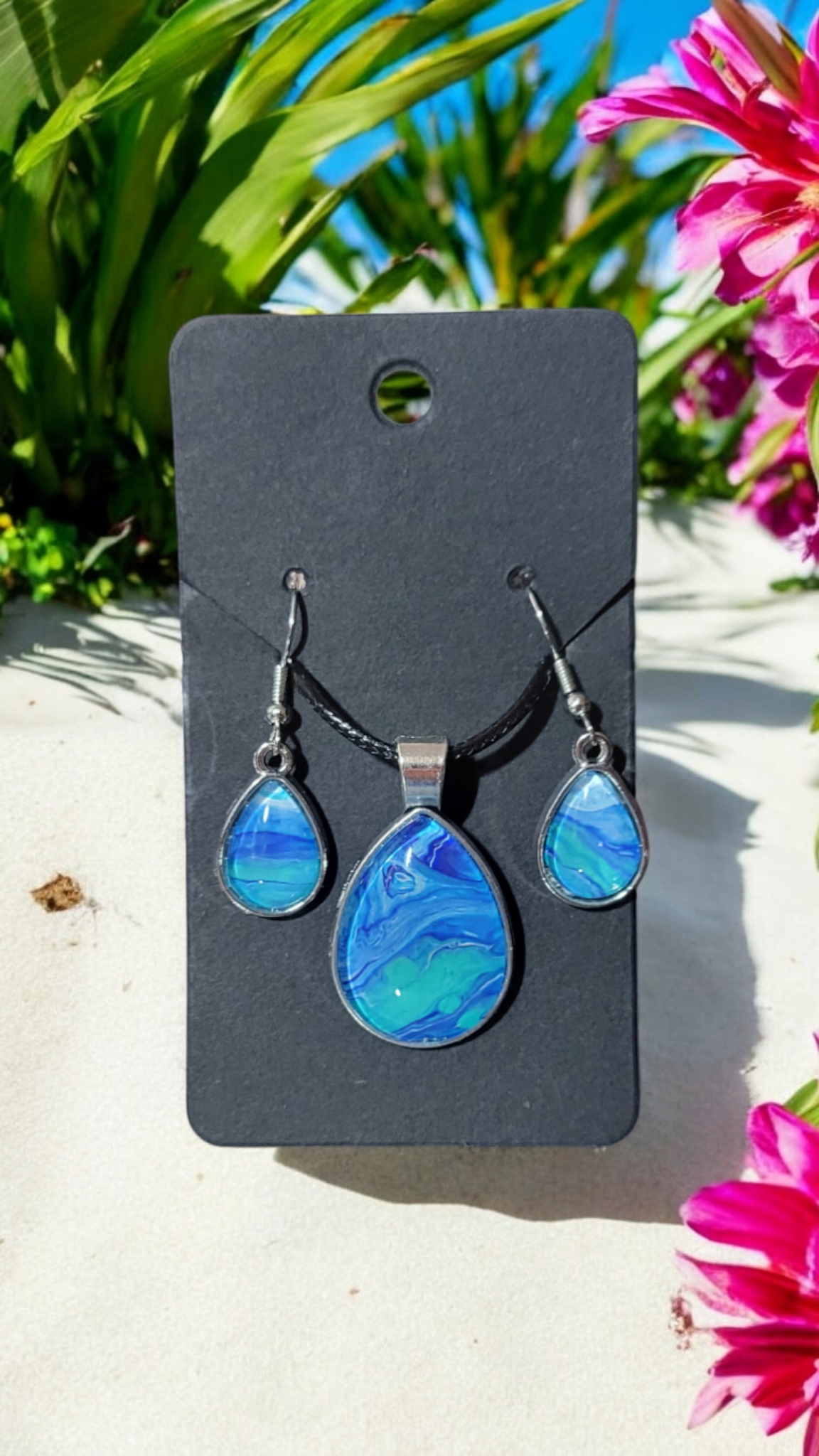 Fluid Art Jewelry Set - Blue Pendant and Earrings - Each piece is Unique