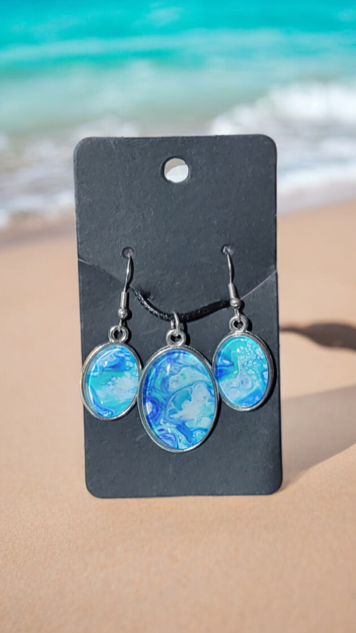 Fluid Art Jewelry Set - Blue Pendant and Earrings - Each piece is Unique