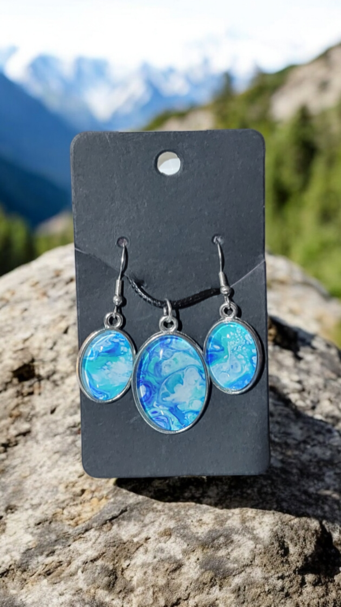 Fluid Art Jewelry Set - Blue Pendant and Earrings - Each piece is Unique