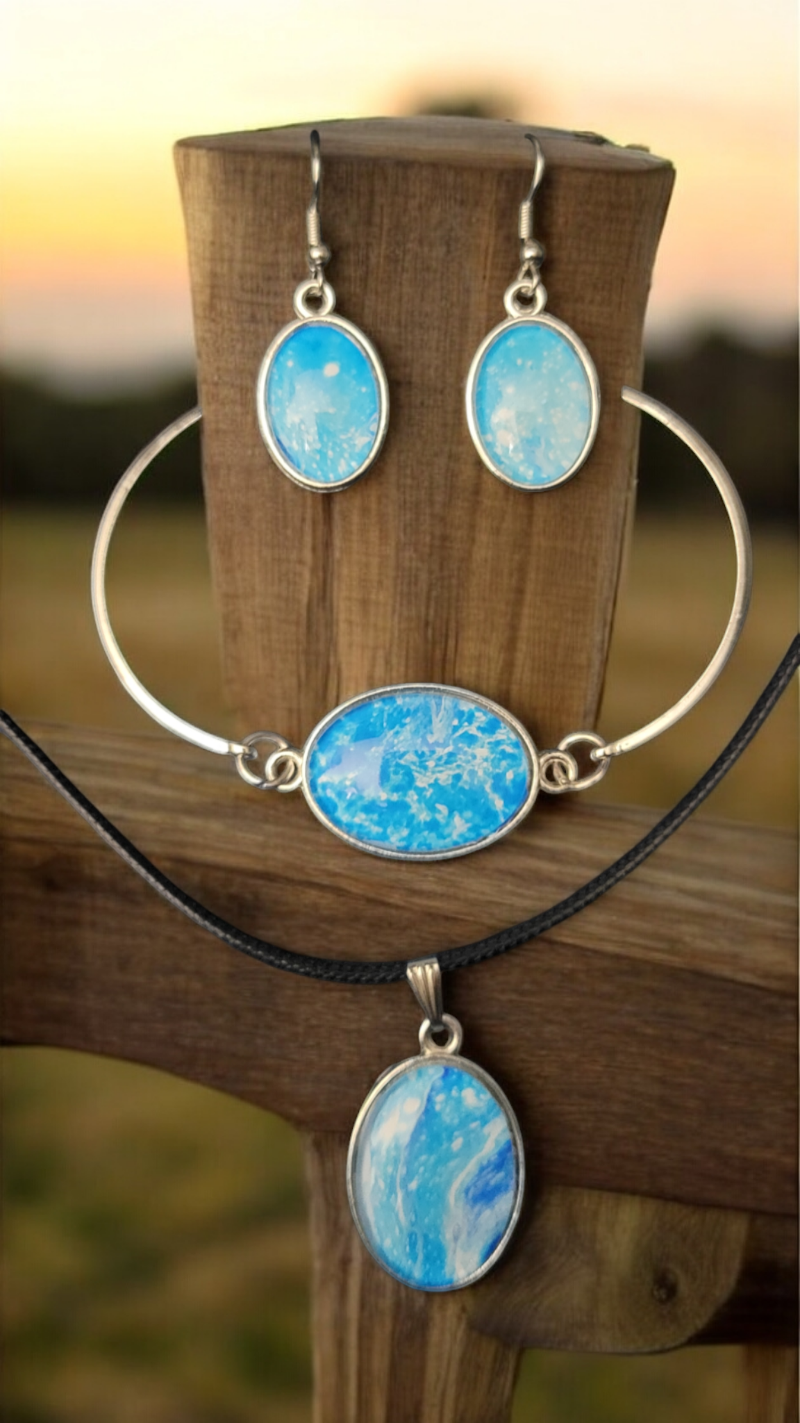 Fluid Art Jewelry Set - Blue Pendant, Earrings, and Bracelet - Each piece is Unique