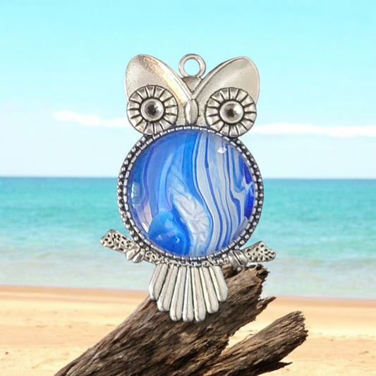 Fluid Art Jewelry - Blue Owl 1 Pendant - Each piece is Unique