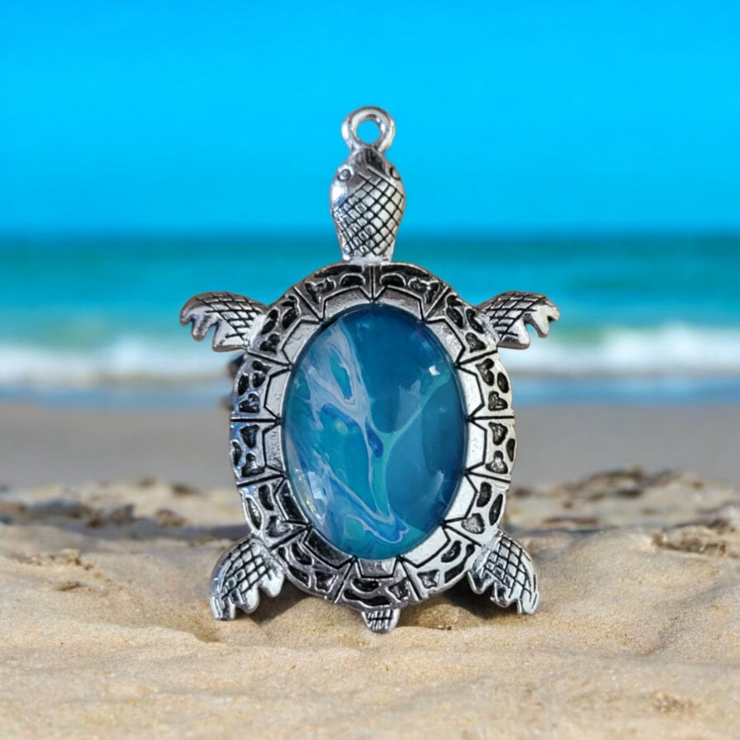 Fluid Art Jewelry - Blue Turtle 1 Pendant - Each piece is Unique