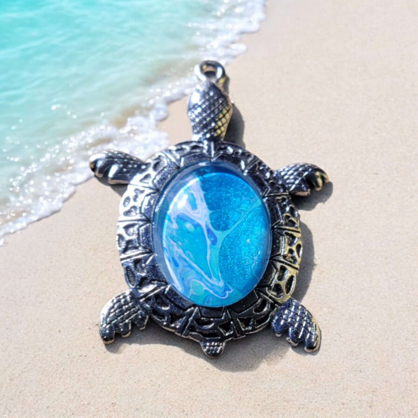 Fluid Art Jewelry - Blue Turtle 1 Pendant - Each piece is Unique