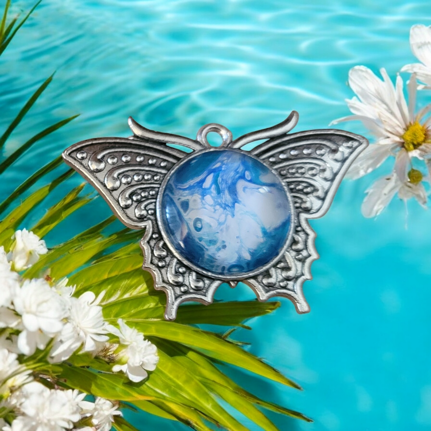 Fluid Art Jewelry - Blue Butterfly 1 Pendant - Each piece is Unique