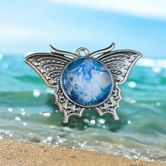Fluid Art Jewelry - Blue Butterfly 1 Pendant - Each piece is Unique