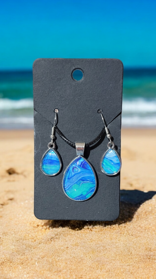 Fluid Art Jewelry Set - Blue Pendant and Earrings - Each piece is Unique