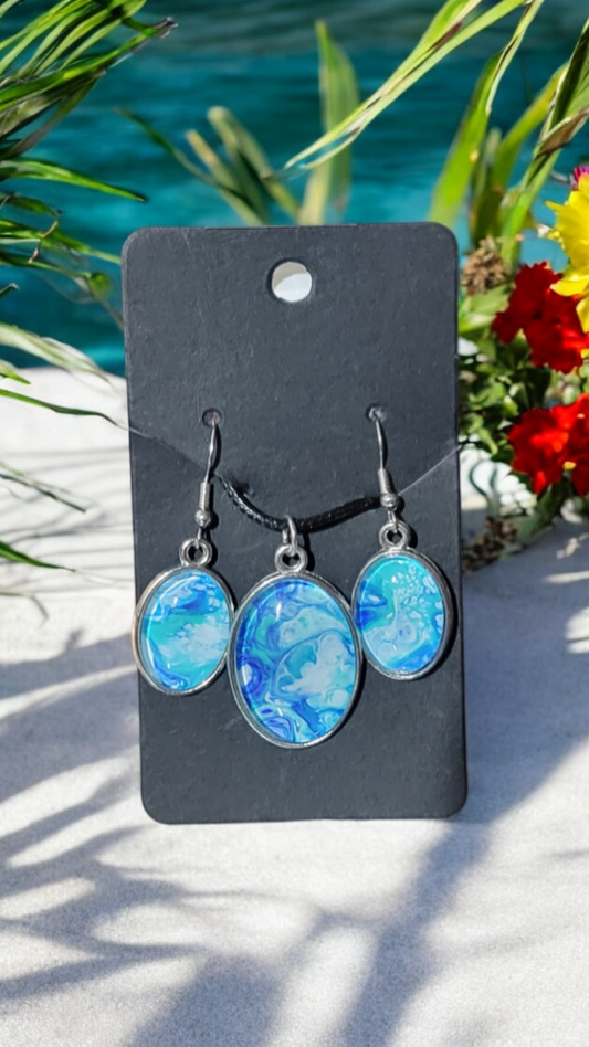 Fluid Art Jewelry Set - Blue Pendant and Earrings - Each piece is Unique