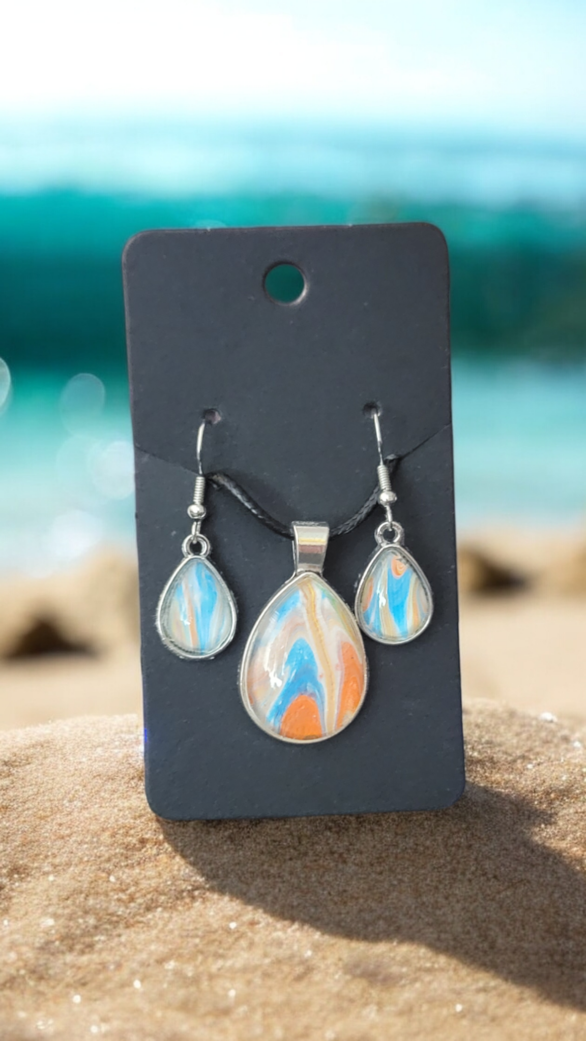 Fluid Art Jewelry Set - Multicolored Pendant and Earrings - Each piece is Unique