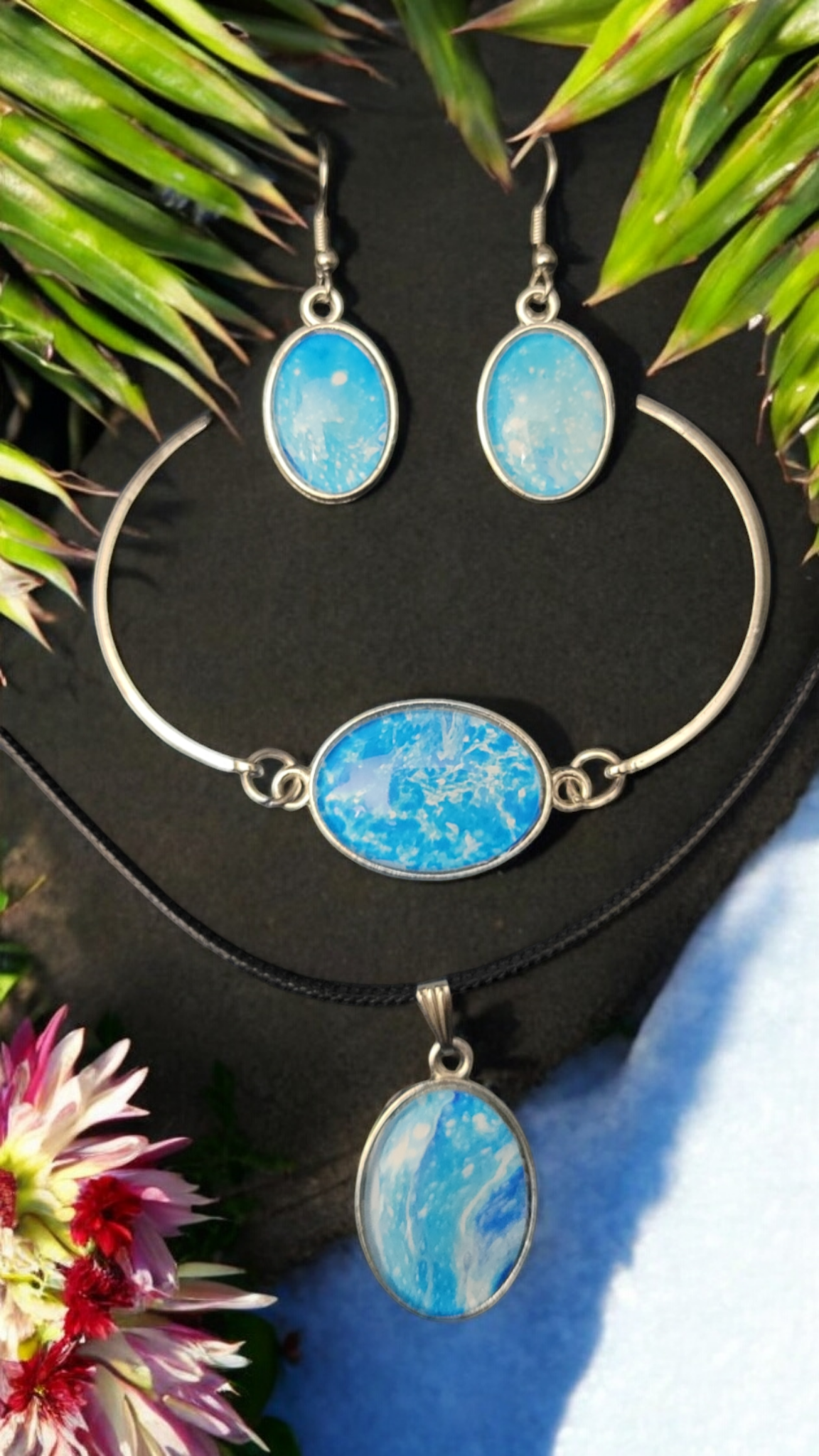 Fluid Art Jewelry Set - Blue Pendant, Earrings, and Bracelet - Each piece is Unique