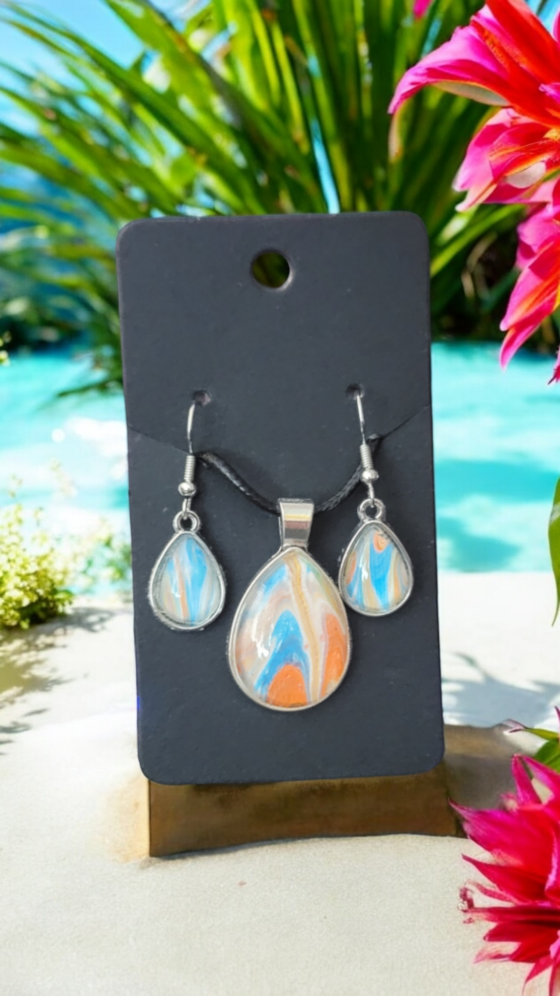 Fluid Art Jewelry Set - Multicolored Pendant and Earrings - Each piece is Unique