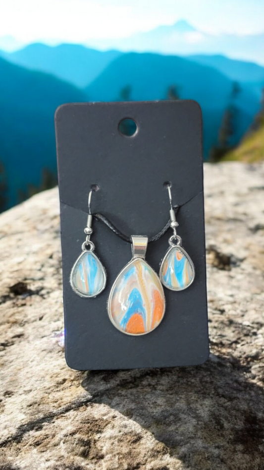 Fluid Art Jewelry Set - Multicolored Pendant and Earrings - Each piece is Unique