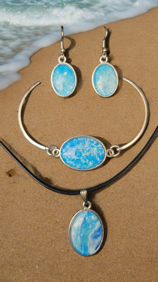 Fluid Art Jewelry Set - Blue Pendant, Earrings, and Bracelet - Each piece is Unique