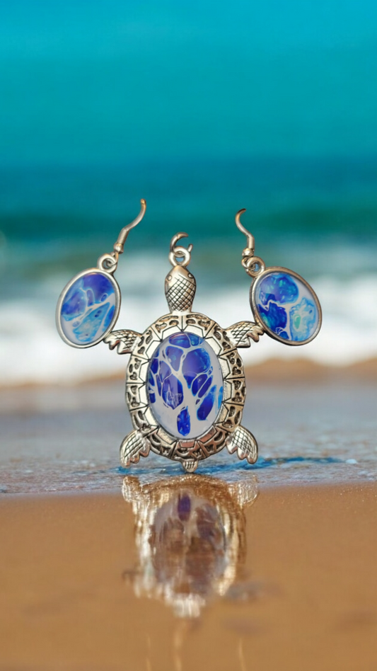 Fluid Art Jewelry Set - Silver Turtle with Blue Pendant and Earrings - Each piece is Unique