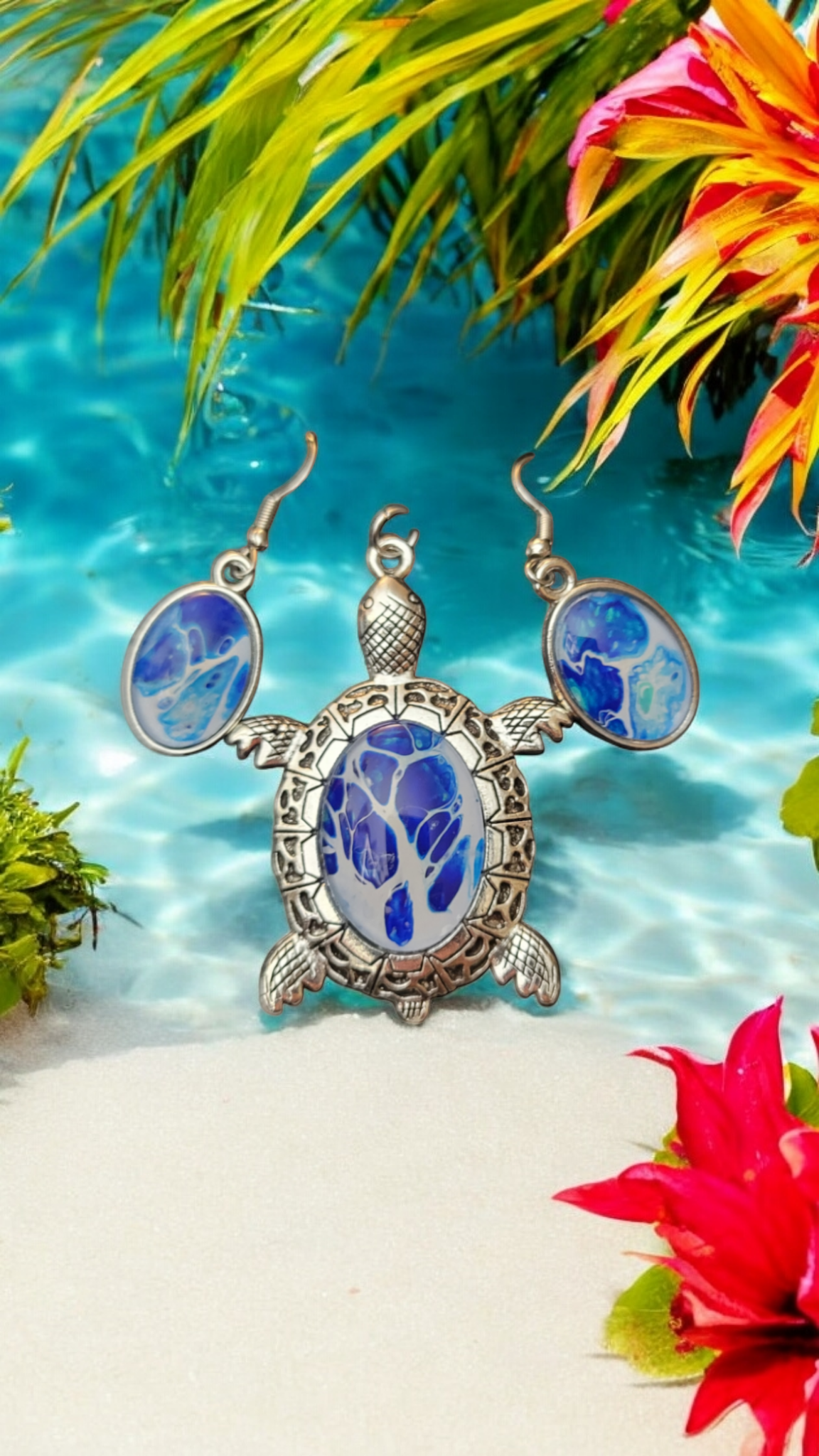 Fluid Art Jewelry Set - Silver Turtle with Blue Pendant and Earrings - Each piece is Unique
